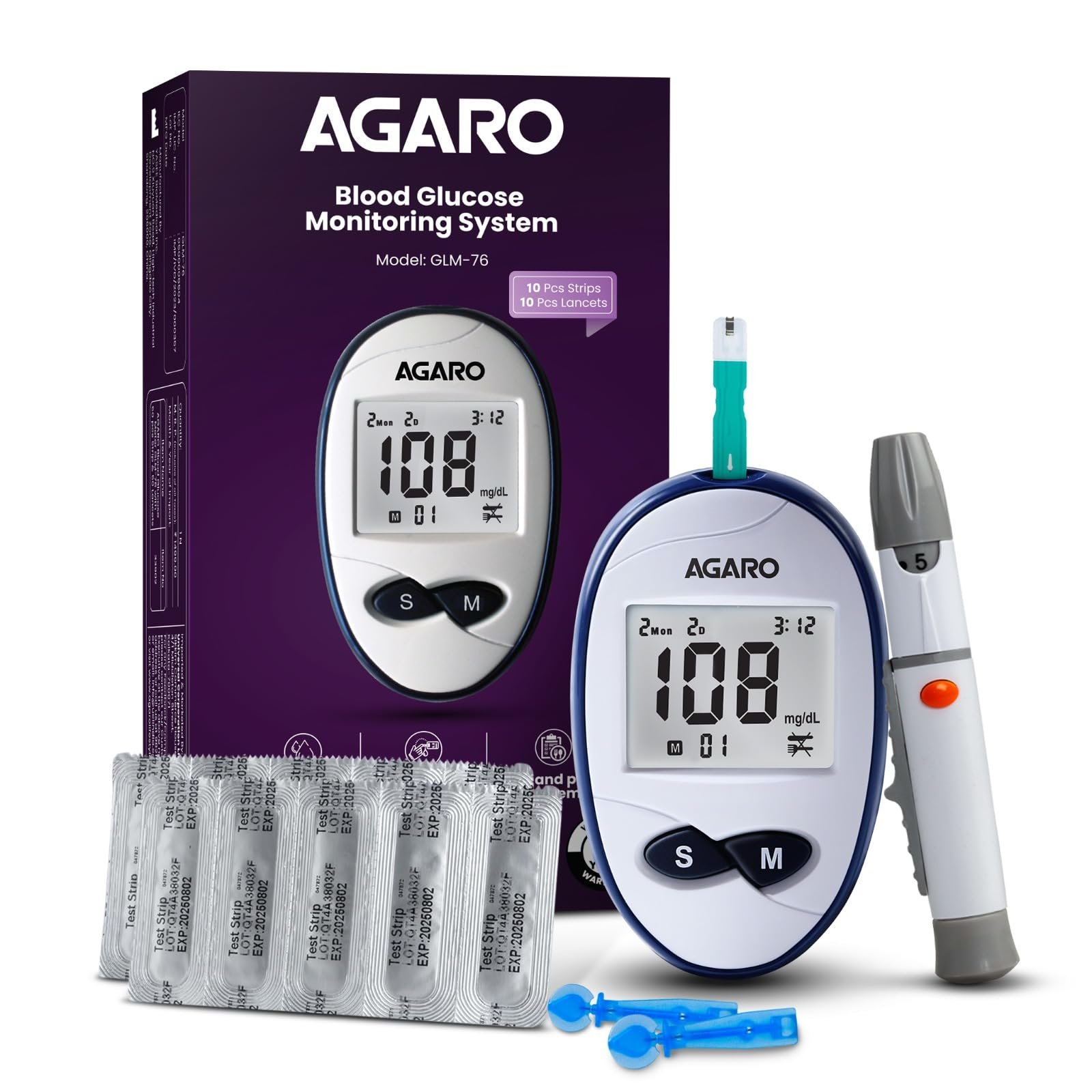 AGARO Blood Glucose Test Strips, 50pcs, Instant Blood Sugar Test at Home, Glucometer Machine, Blood Glucose Monitoring Device, Fast Blood Sugar Testing, Simple & Accurate, GLS-76. - Image 2